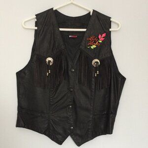 Branded Garments Womens Leather Vest Large Black Fringed Lady Harley Patch